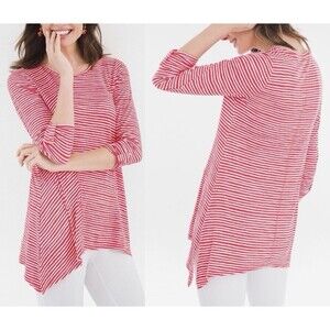 Zenergy by Chico's 2 Striped Tunic Top 3/4 Sleeve Asymmetric Hem Stretch Size L